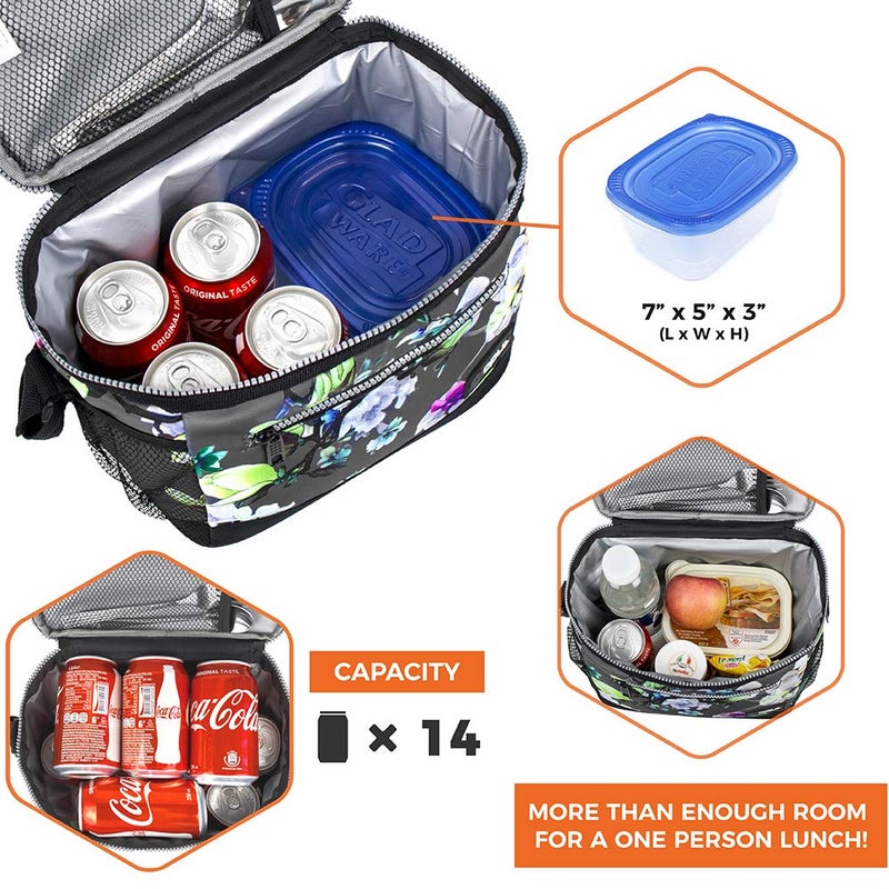 opux Insulated Lunch Box Men Women, Lunch Bag for Work School, Leakproof Soft Cooler Tote Adult, Large Lunch Pail Kids Boys Girls, Picnic Beach Food Bag with Shoulder Strap, Grey Floral - Image 4